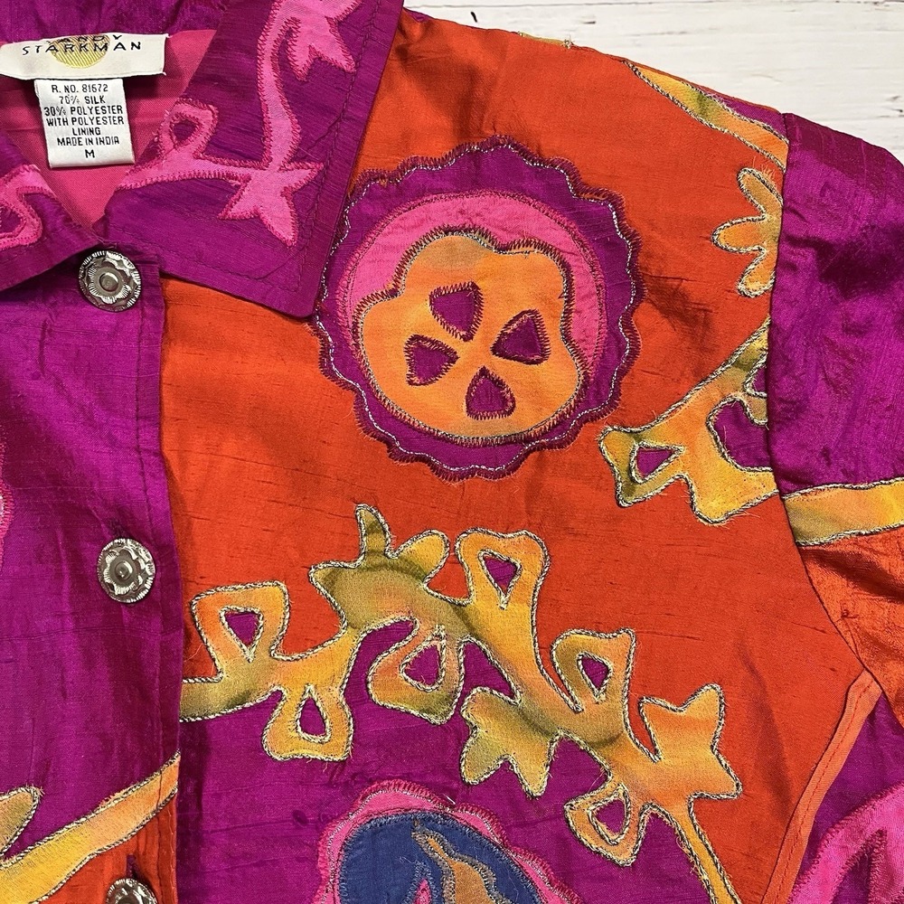 Vtg Sandy Starkman Women's M Boho Pink Neon Bright Silk Blend Embroidered Jacket - Picture 4 of 10